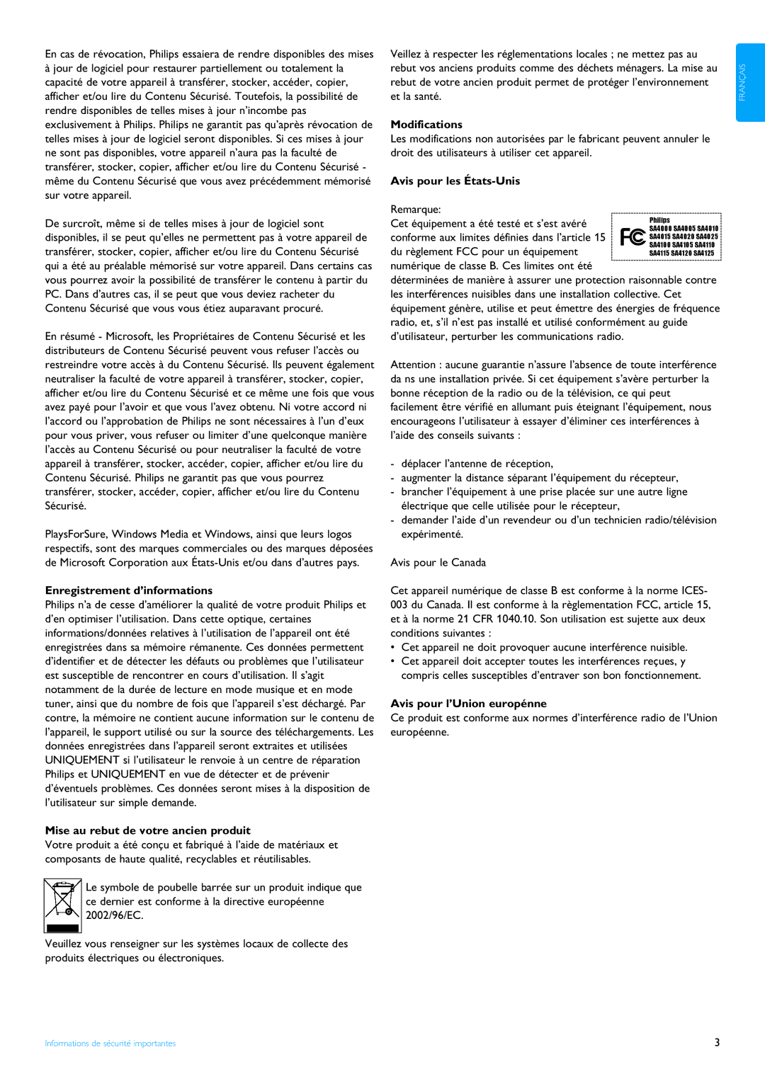 Philips SA4105, SA4124, SA4114, SA4121 Enregistrement d’informations, Mise au rebut de votre ancien produit, Modifications 