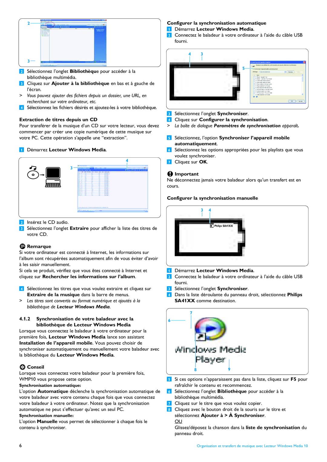 Philips SA4100 Extraction de titres depuis un CD, Démarrez Lecteur Windows Media, Configurer la synchronisation manuelle 