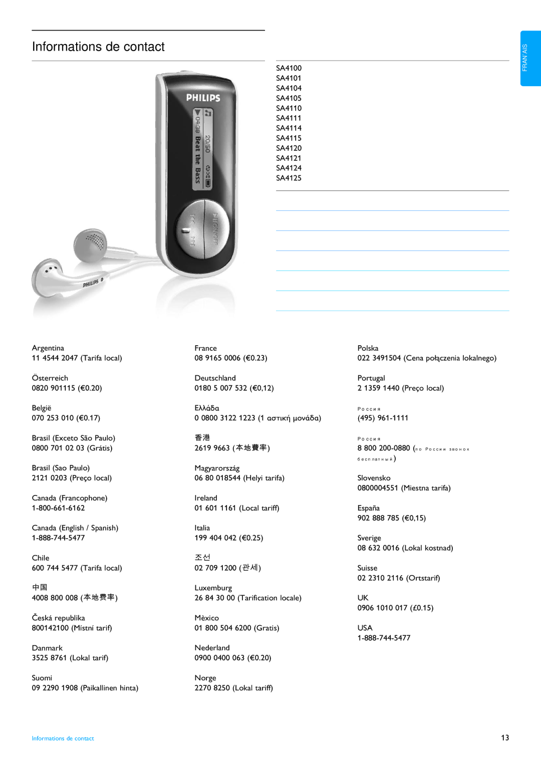 Philips SA4114, SA4124, SA4120, SA4125, SA4121, SA4111, SA4115, SA4110, SA4105, SA4104, SA4101, SA4100 manual Informations de contact 