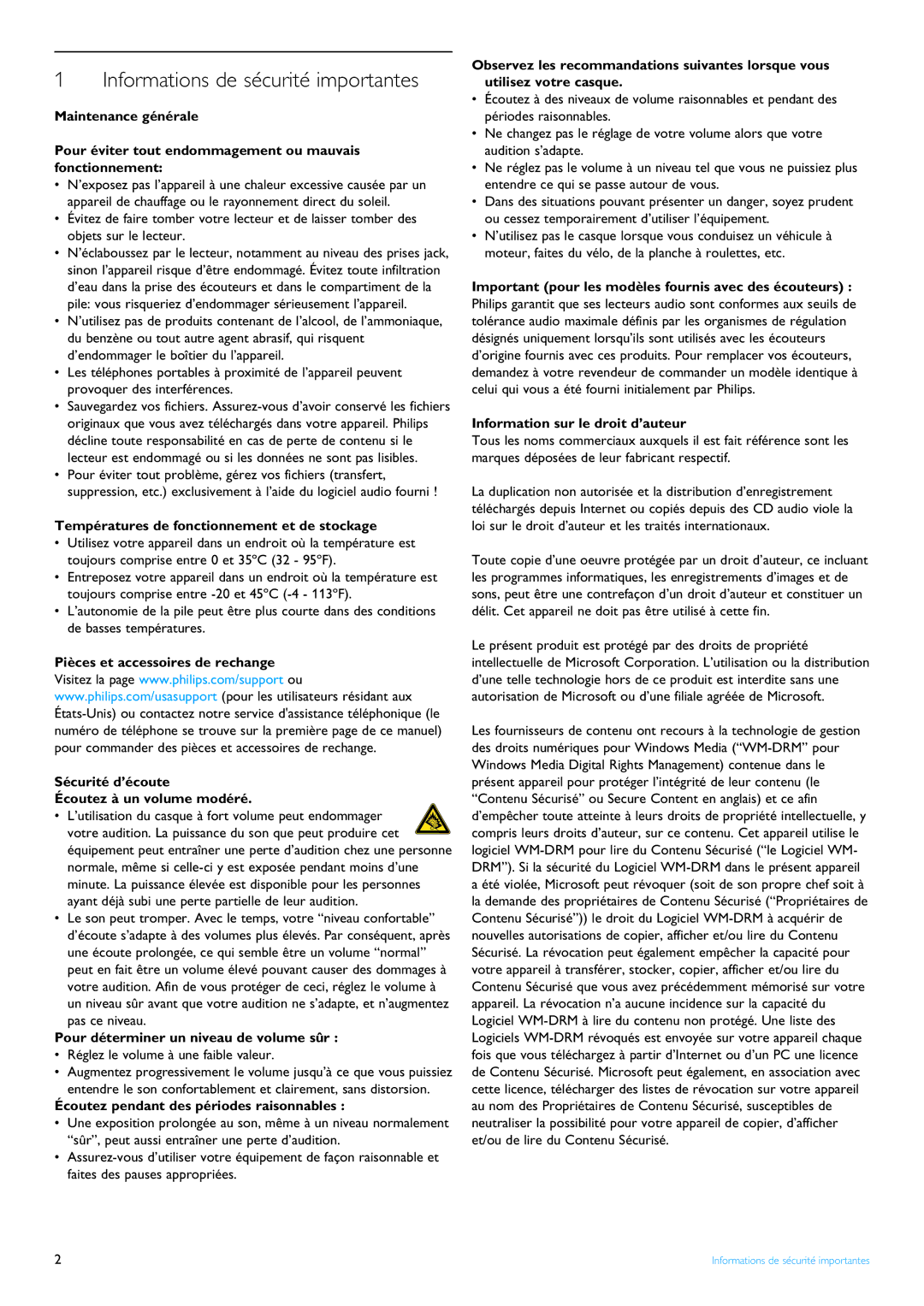 Philips SA4121, SA4124, SA4120, SA4125, SA4114, SA4111, SA4115, SA4110, SA4105, SA4104, SA4101 Informations de sécurité importantes 