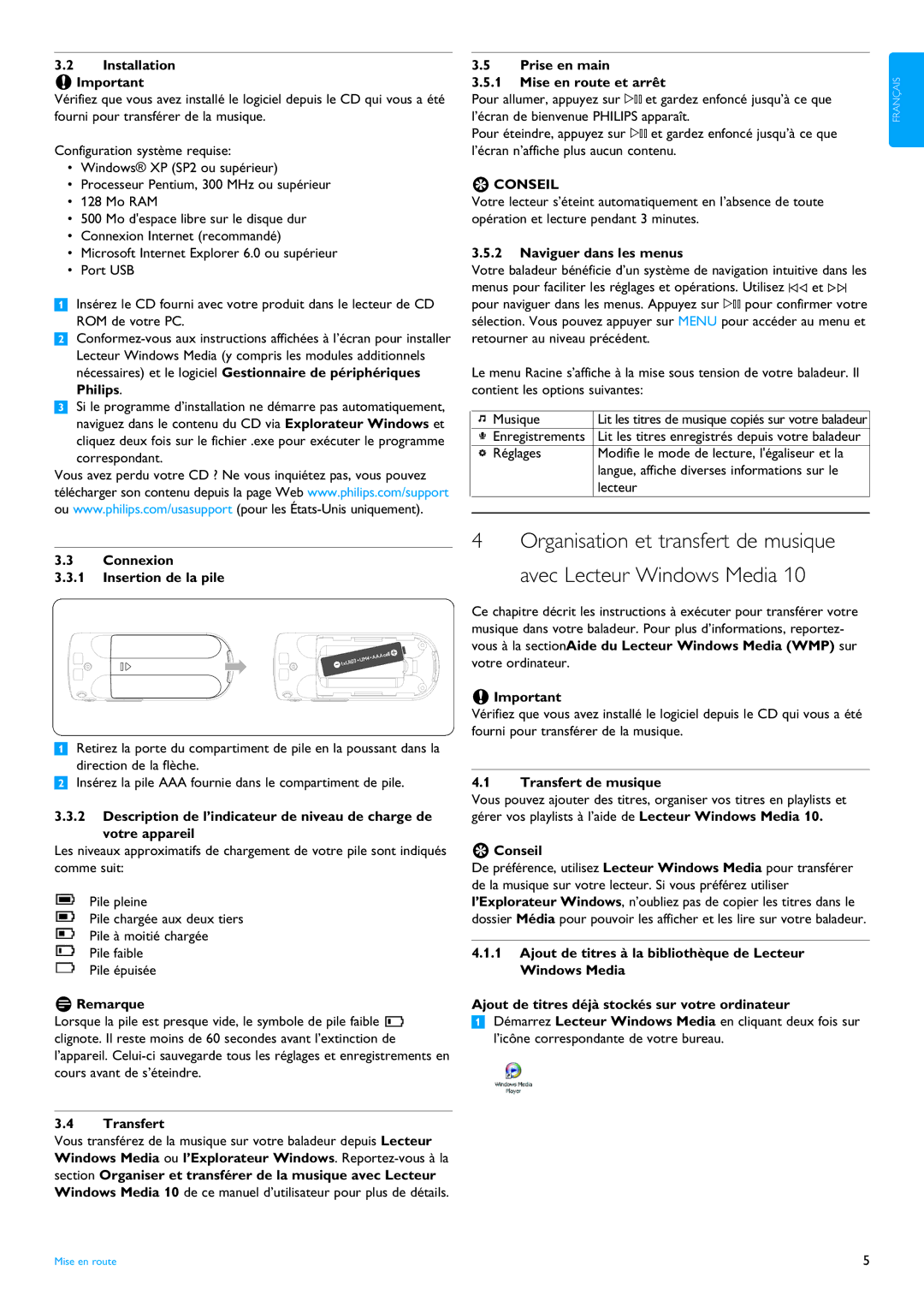 Philips SA4110 Installation, Prise en main Mise en route et arrêt, Naviguer dans les menus, Connexion, Remarque, Transfert 