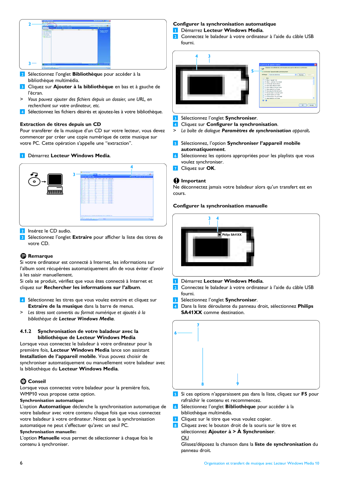 Philips SA4105 Extraction de titres depuis un CD, Démarrez Lecteur Windows Media, Configurer la synchronisation manuelle 