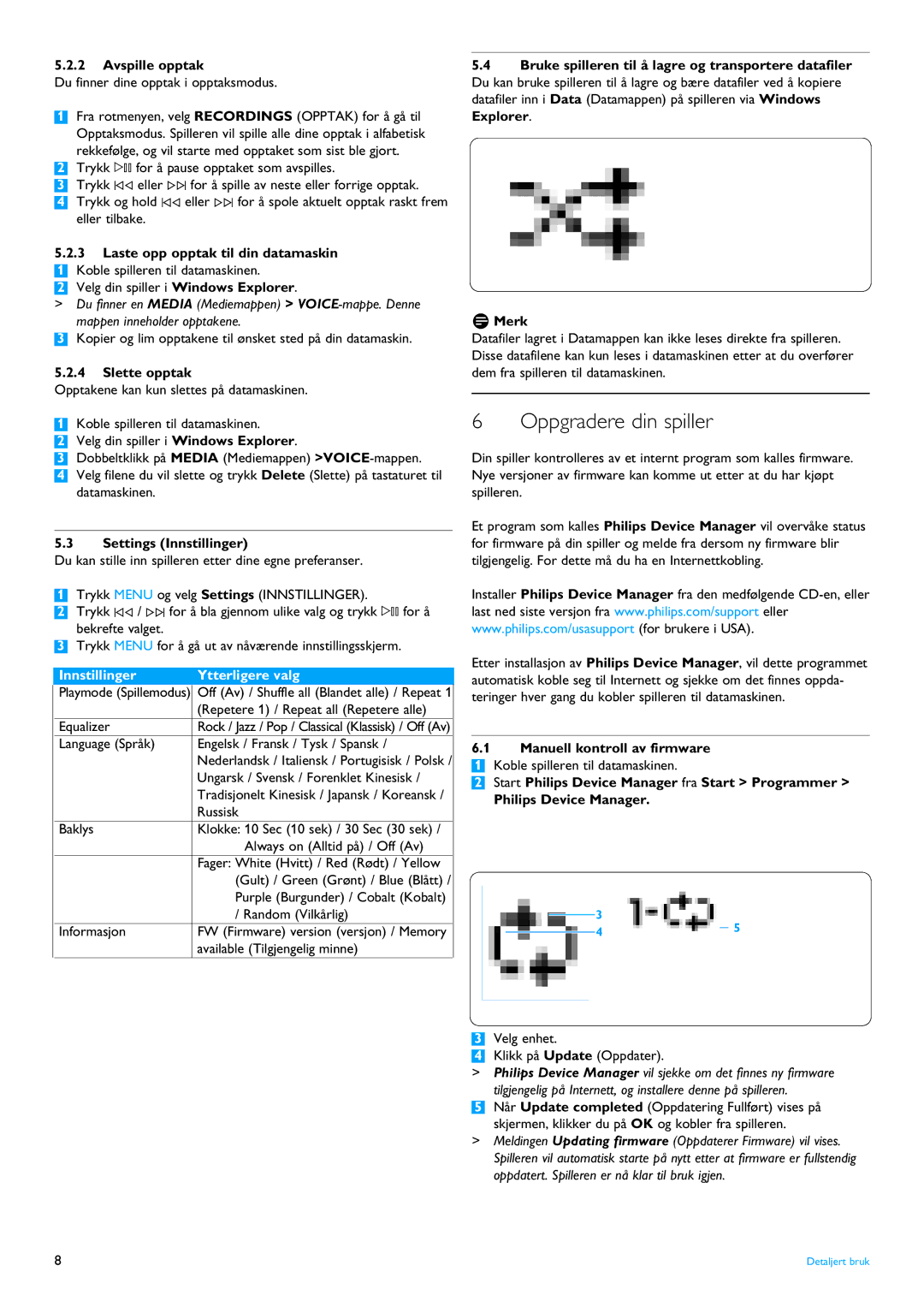 Philips SA4101, SA4124, SA4120, SA4125, SA4114 Oppgradere din spiller, Avspille opptak, Slette opptak, Settings Innstillinger 