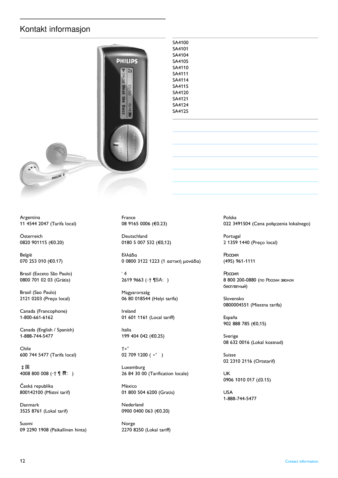 Philips SA4125, SA4124, SA4120, SA4114, SA4121, SA4111, SA4115, SA4110, SA4105, SA4104, SA4101, SA4100 manual Kontakt informasjon, Usa 