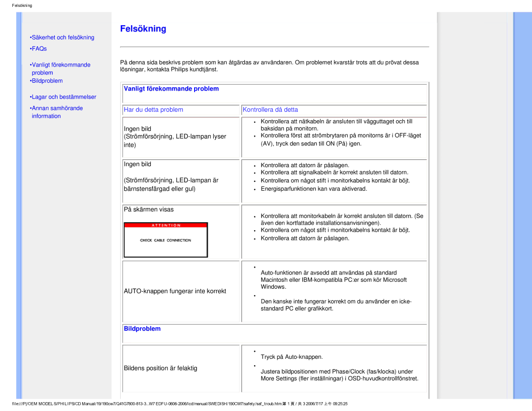 Philips SA4125 user manual Vanligt förekommande problem, Bildproblem 