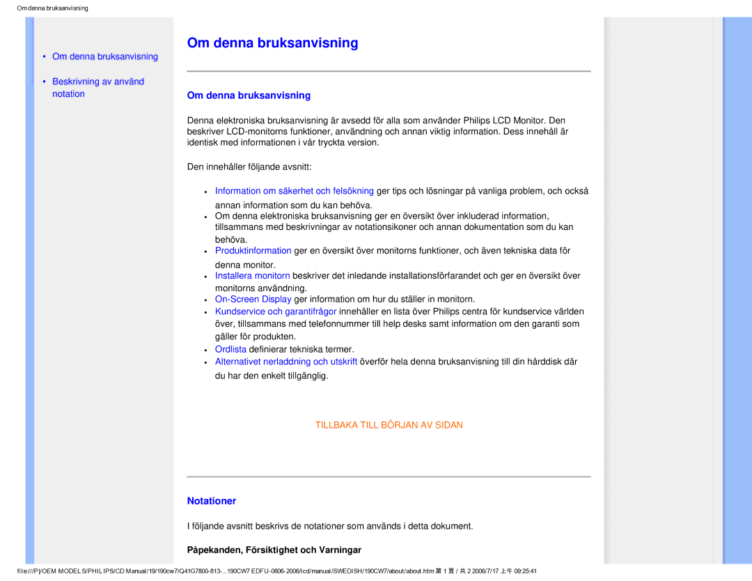 Philips SA4125 user manual Om denna bruksanvisning, Notationer, Påpekanden, Försiktighet och Varningar 