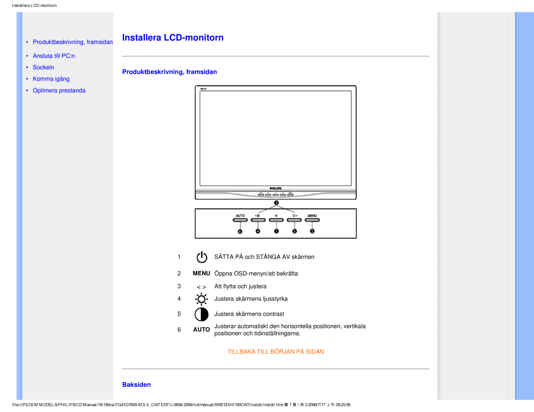 Philips SA4125 user manual Produktbeskrivning, framsidan, Baksiden 