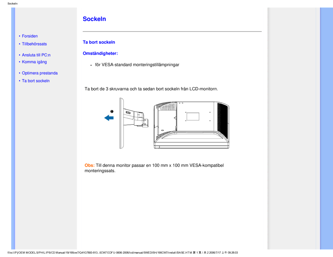 Philips SA4125 user manual Sockeln, Ta bort sockeln Omständigheter 