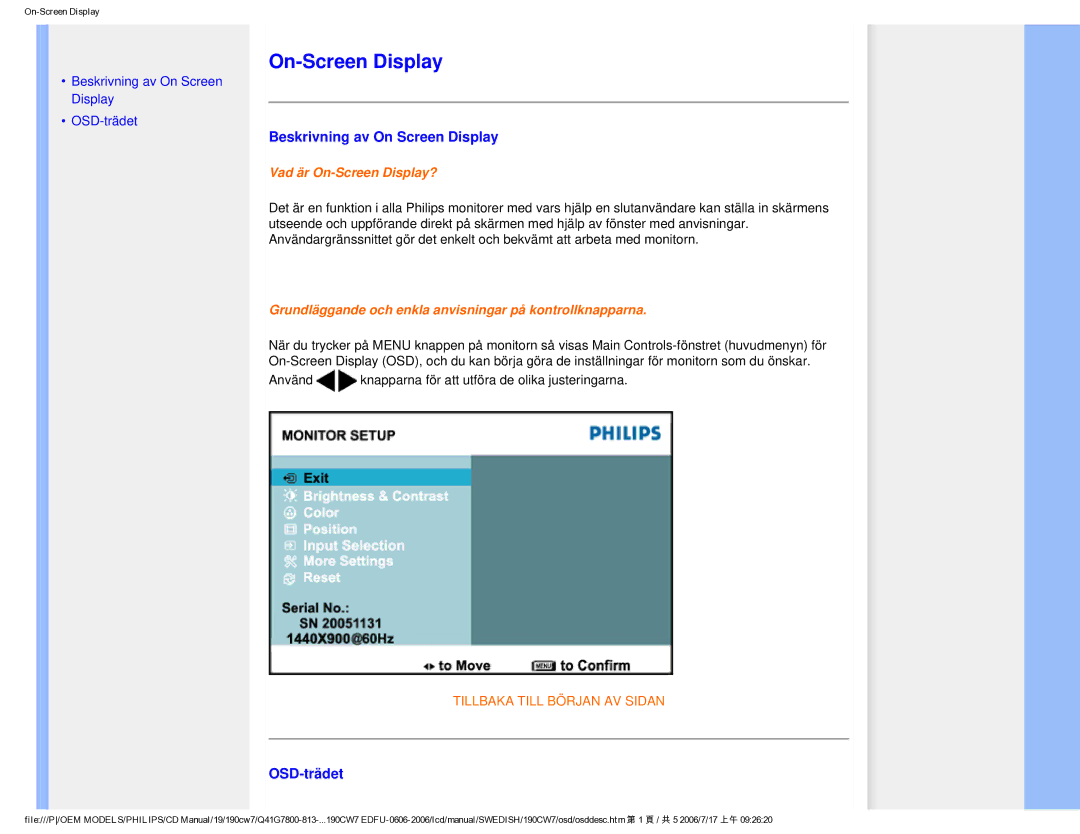 Philips SA4125 user manual On-Screen Display, Beskrivning av On Screen Display, OSD-trädet 