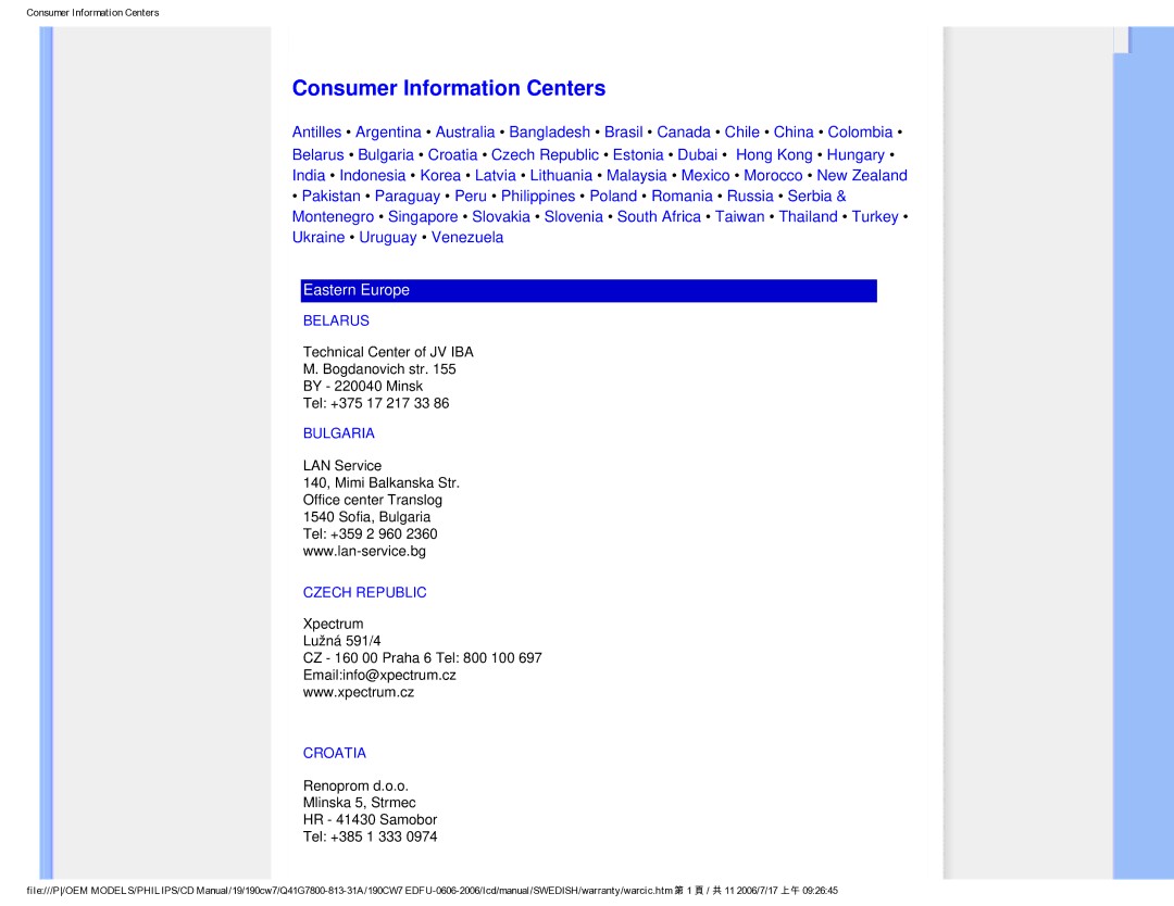 Philips SA4125 user manual Consumer Information Centers, Belarus, Bulgaria, Czech Republic, Croatia 