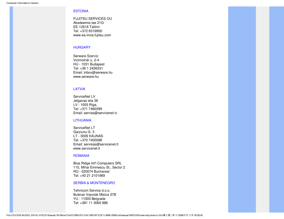 Philips SA4125 user manual Estonia, Hungary, Latvia, Lithuania, Romania, Serbia & Montenegro 