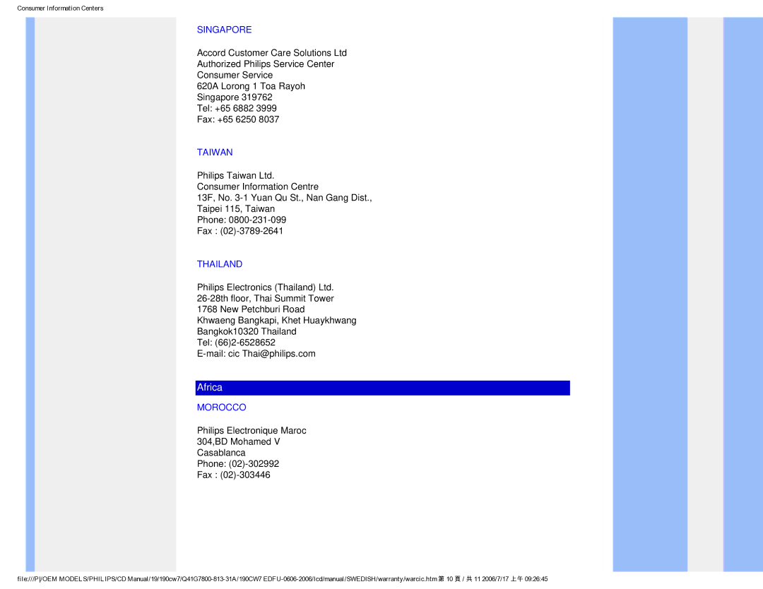 Philips SA4125 user manual Singapore, Taiwan, Thailand, Morocco 