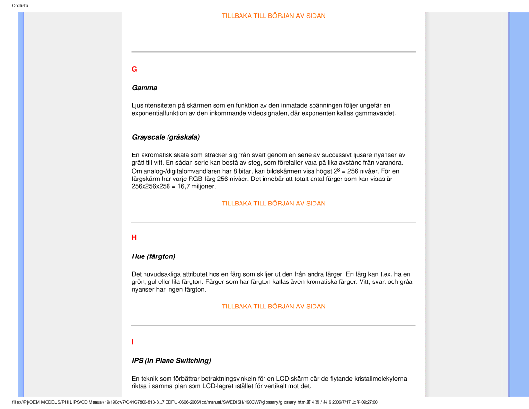 Philips SA4125 user manual Gamma, Grayscale gråskala, Hue färgton, IPS In Plane Switching 