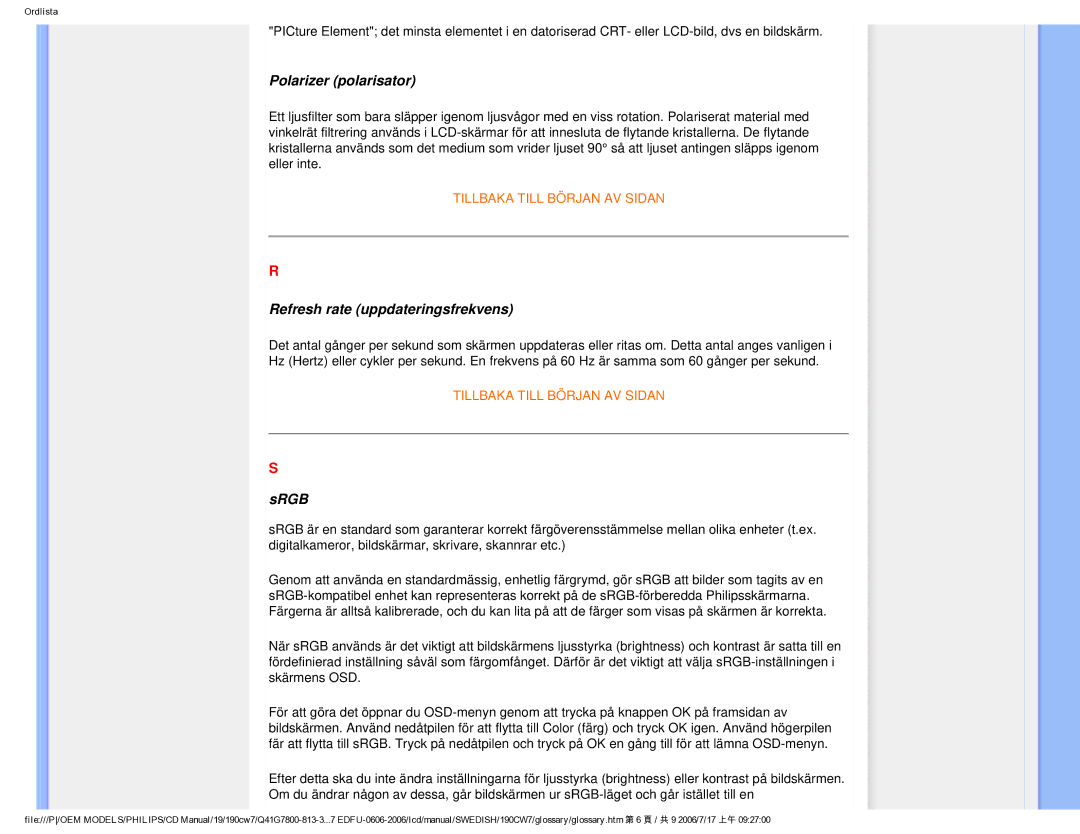 Philips SA4125 user manual Polarizer polarisator, Refresh rate uppdateringsfrekvens, Srgb 