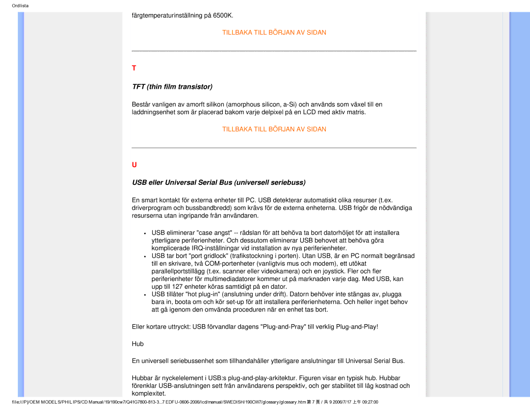 Philips SA4125 user manual TFT thin film transistor, USB eller Universal Serial Bus universell seriebuss 