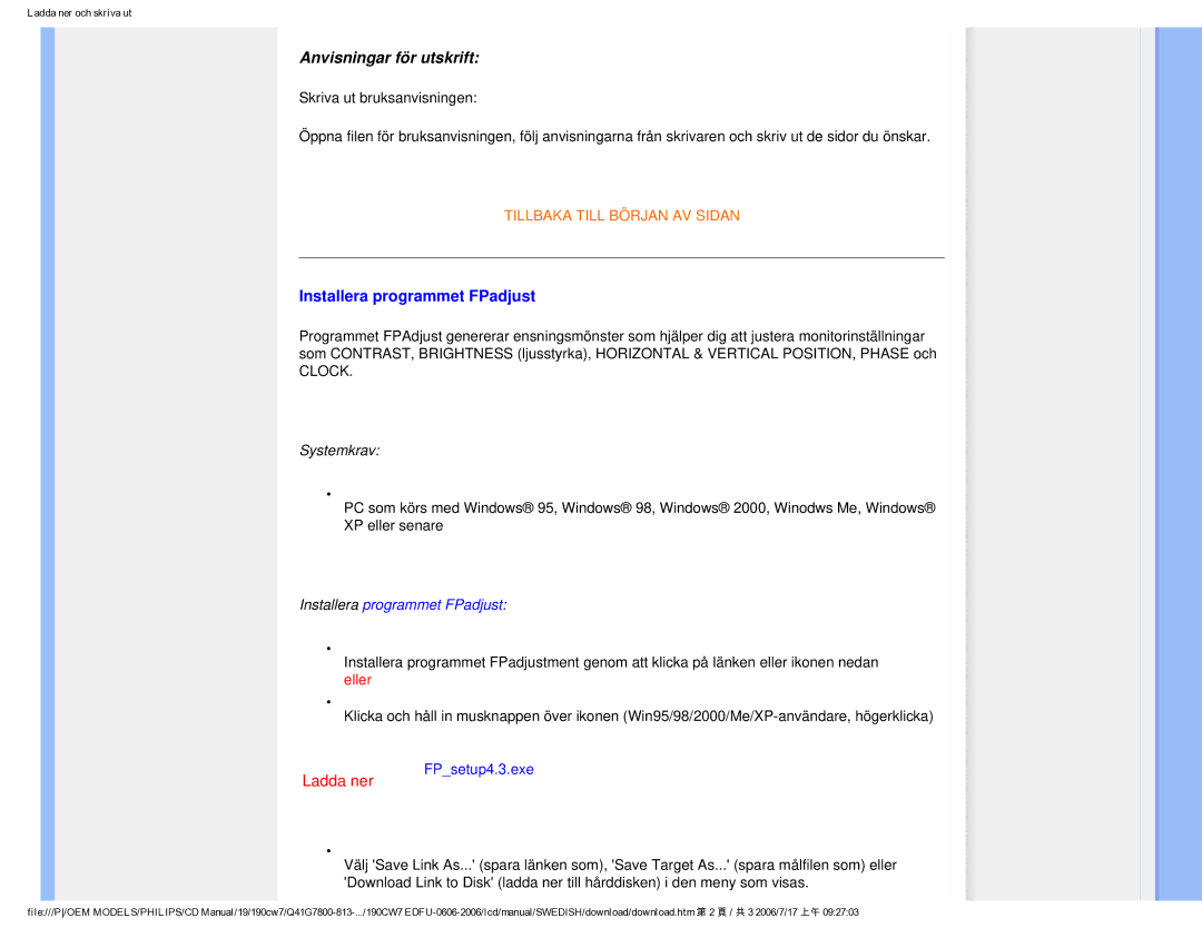 Philips SA4125 user manual Anvisningar för utskrift, Installera programmet FPadjust 