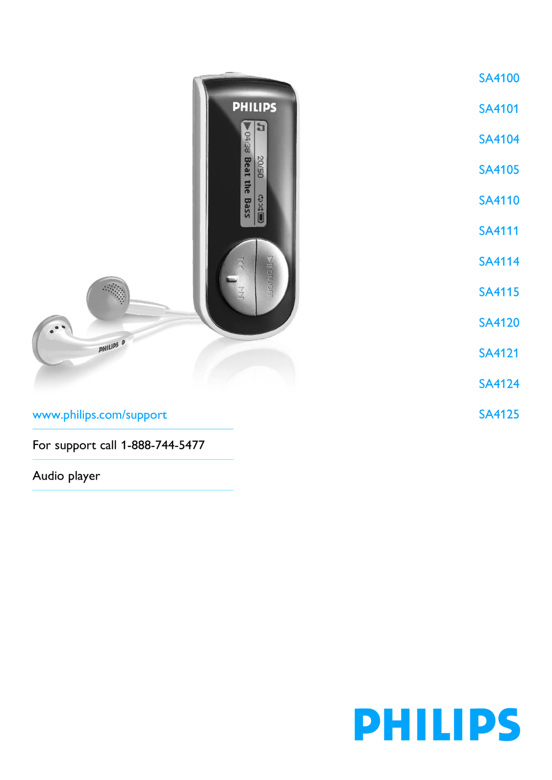 Philips SA4125 manual For support call Audio player 