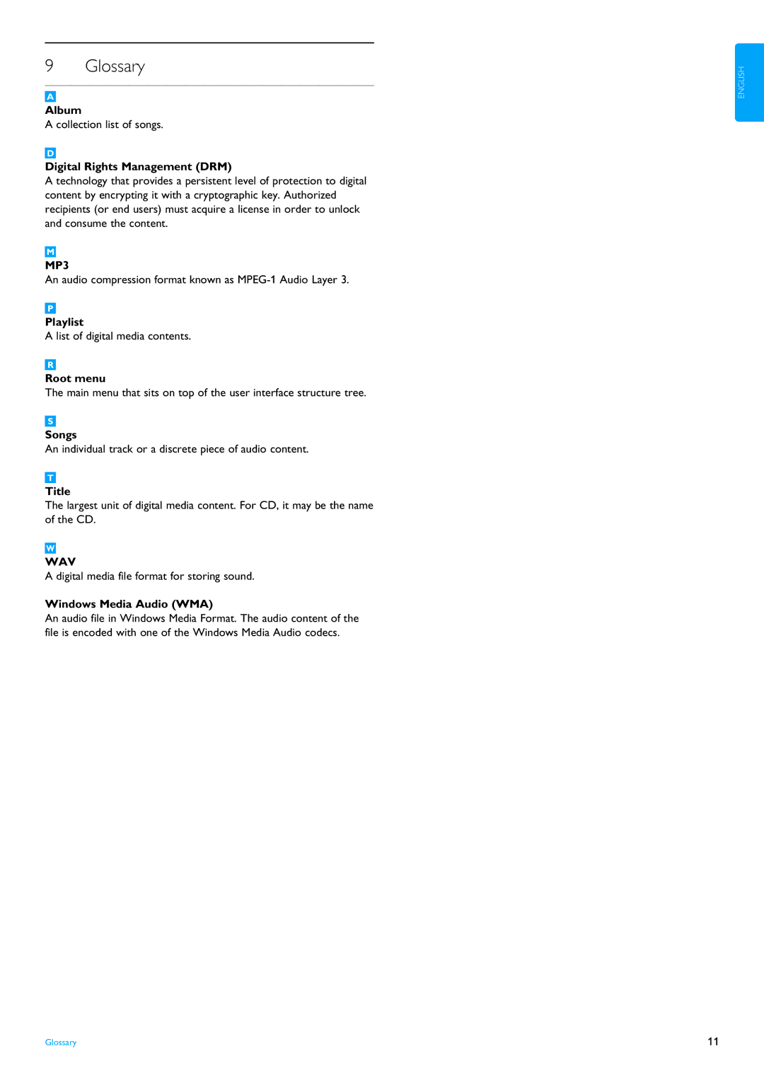 Philips SA4125 manual Glossary 