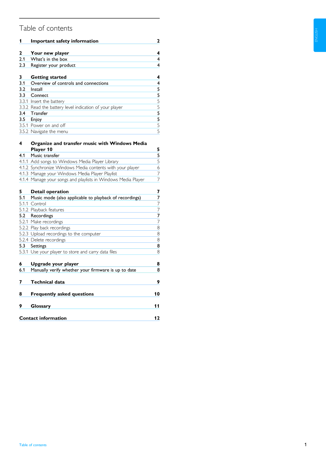 Philips SA4125 manual Table of contents 