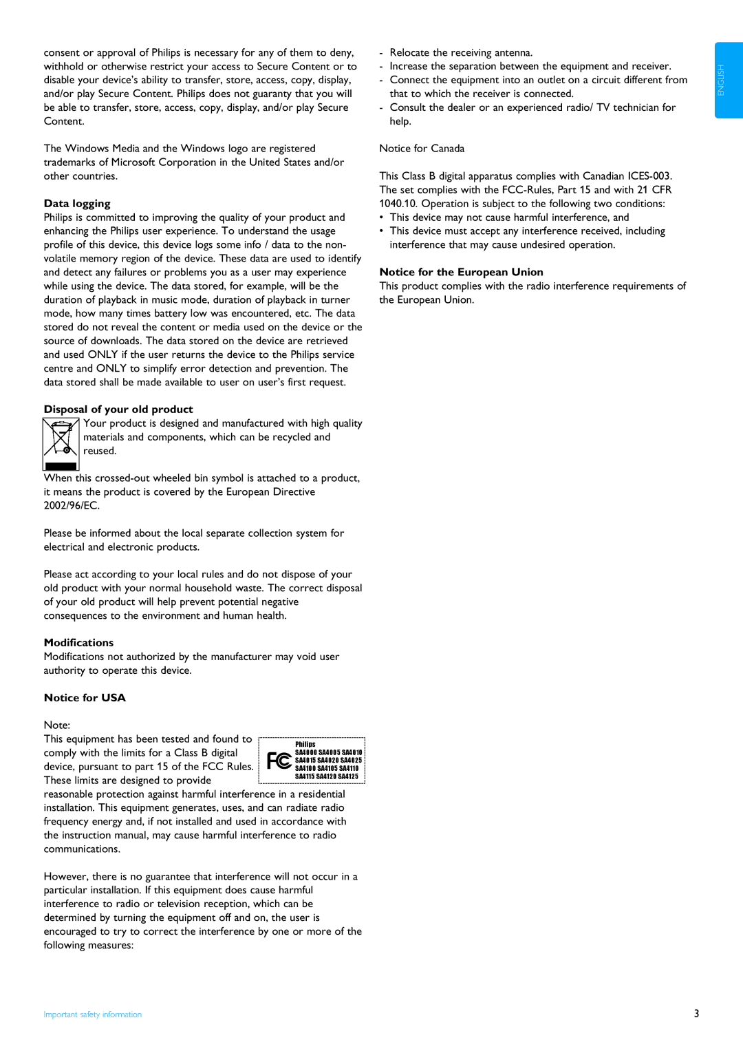 Philips SA4125 manual Data logging, Disposal of your old product, Modifications 