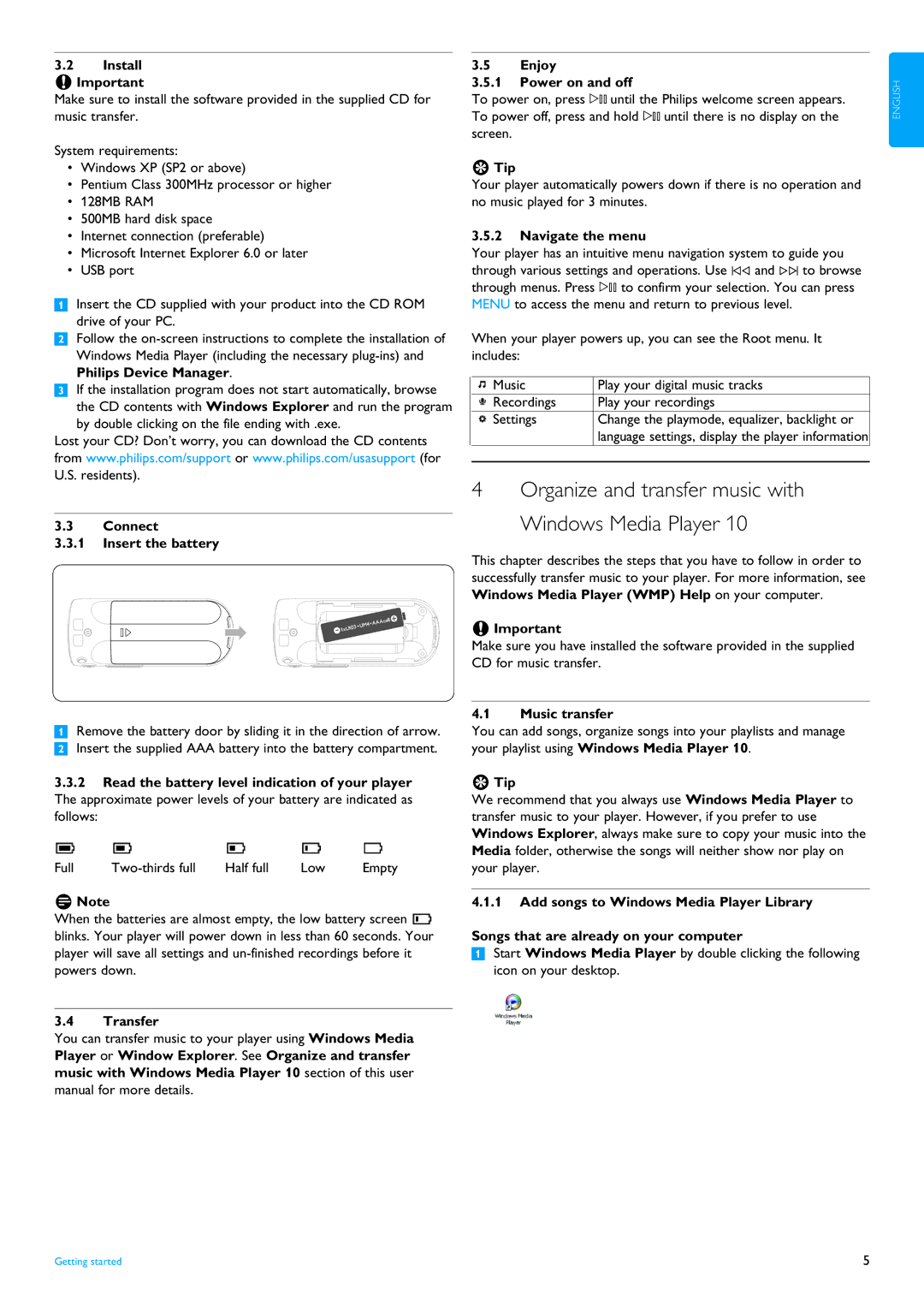 Philips SA4125 Install Important, Connect Insert the battery, Transfer, Enjoy Power on and off, Tip, Navigate the menu 