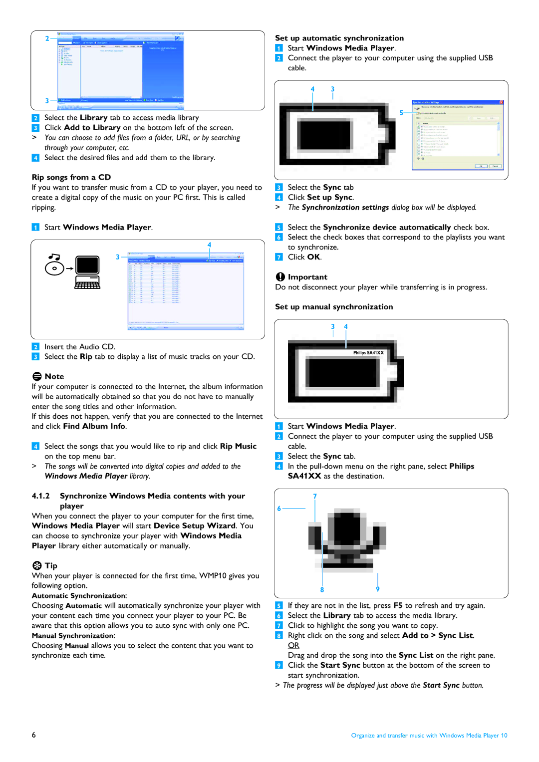 Philips SA4125 manual Rip songs from a CD, Start Windows Media Player, Synchronize Windows Media contents with your player 