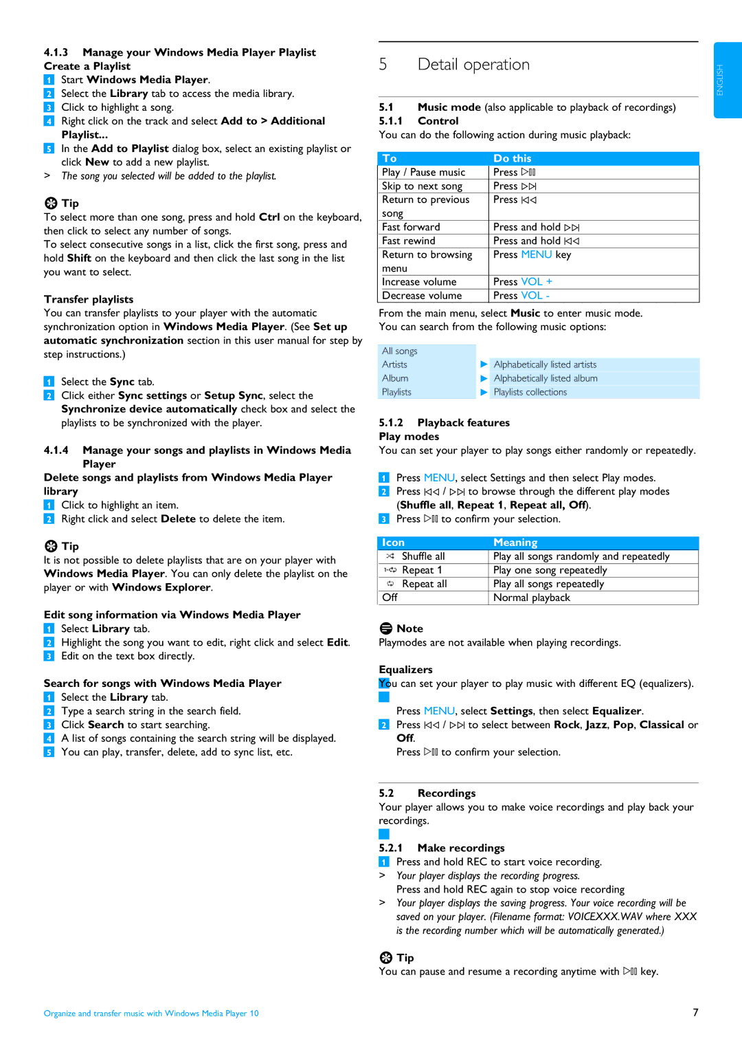 Philips SA4125 manual Detail operation 