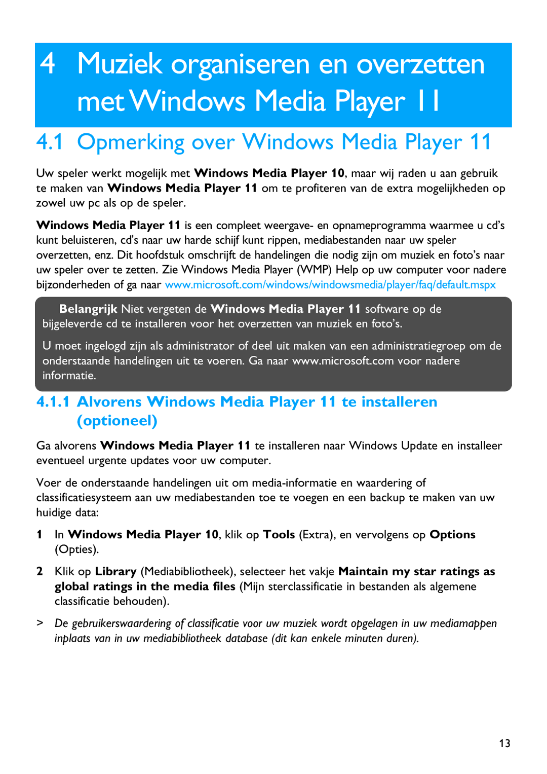 Philips SA4146, SA4126 manual Opmerking over Windows Media Player, Alvorens Windows Media Player 11 te installeren optioneel 