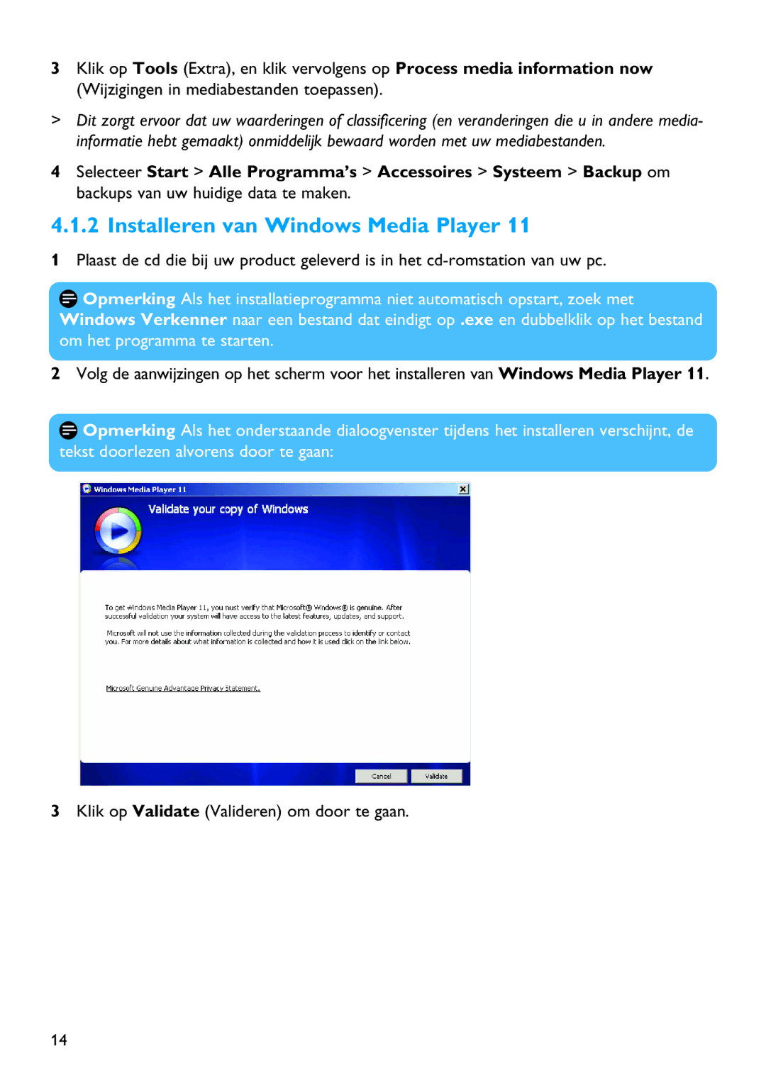 Philips SA4127, SA4126, SA4146, SA4147 manual Installeren van Windows Media Player 