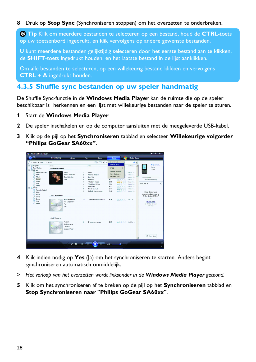Philips SA4126, SA4146, SA4127, SA4147 manual Shuffle sync bestanden op uw speler handmatig 