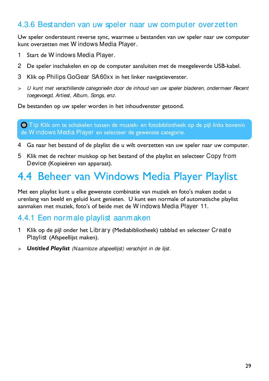 Philips SA4146, SA4126 manual Beheer van Windows Media Player Playlist, Bestanden van uw speler naar uw computer overzetten 