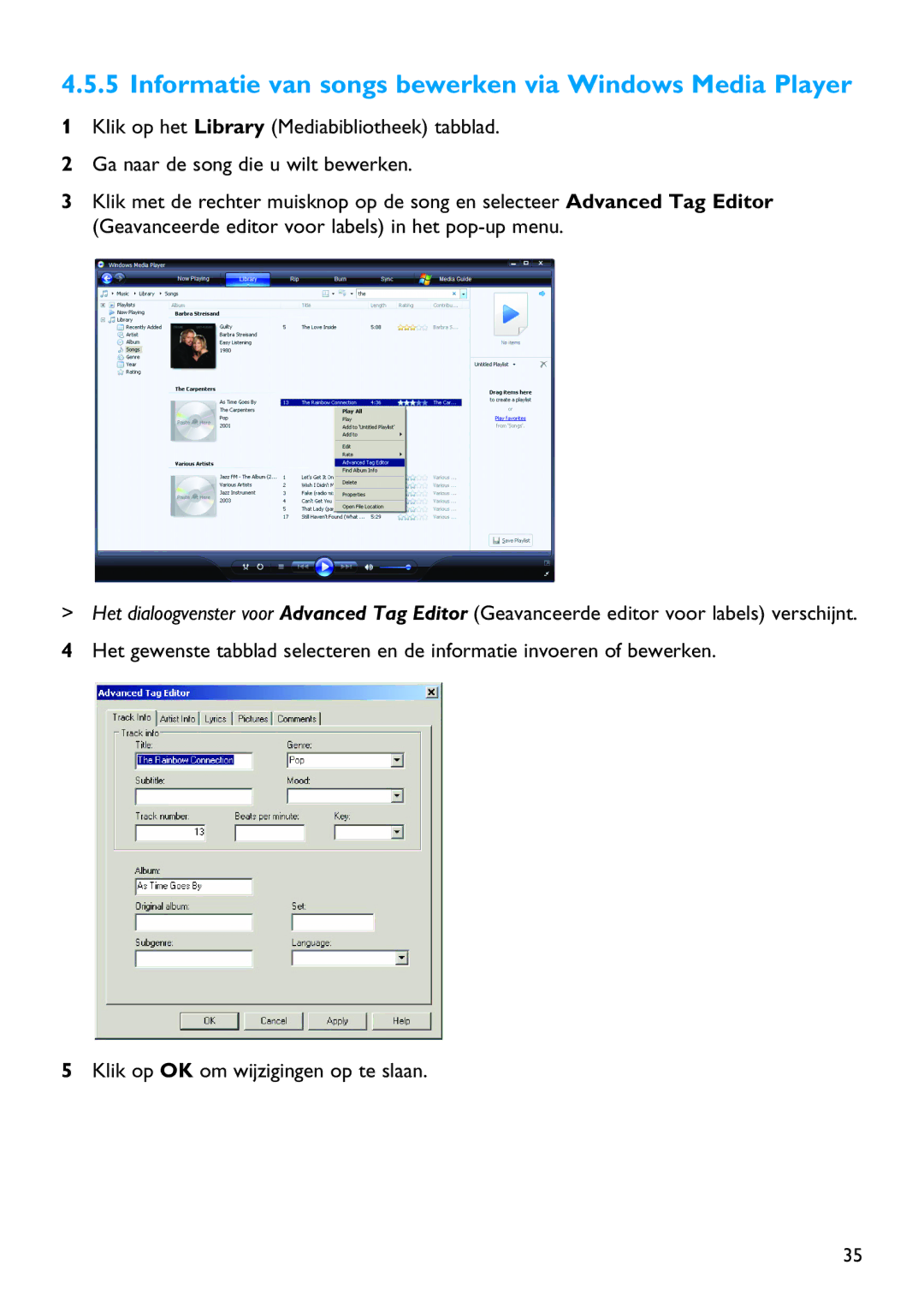 Philips SA4147, SA4126, SA4146, SA4127 manual Informatie van songs bewerken via Windows Media Player 