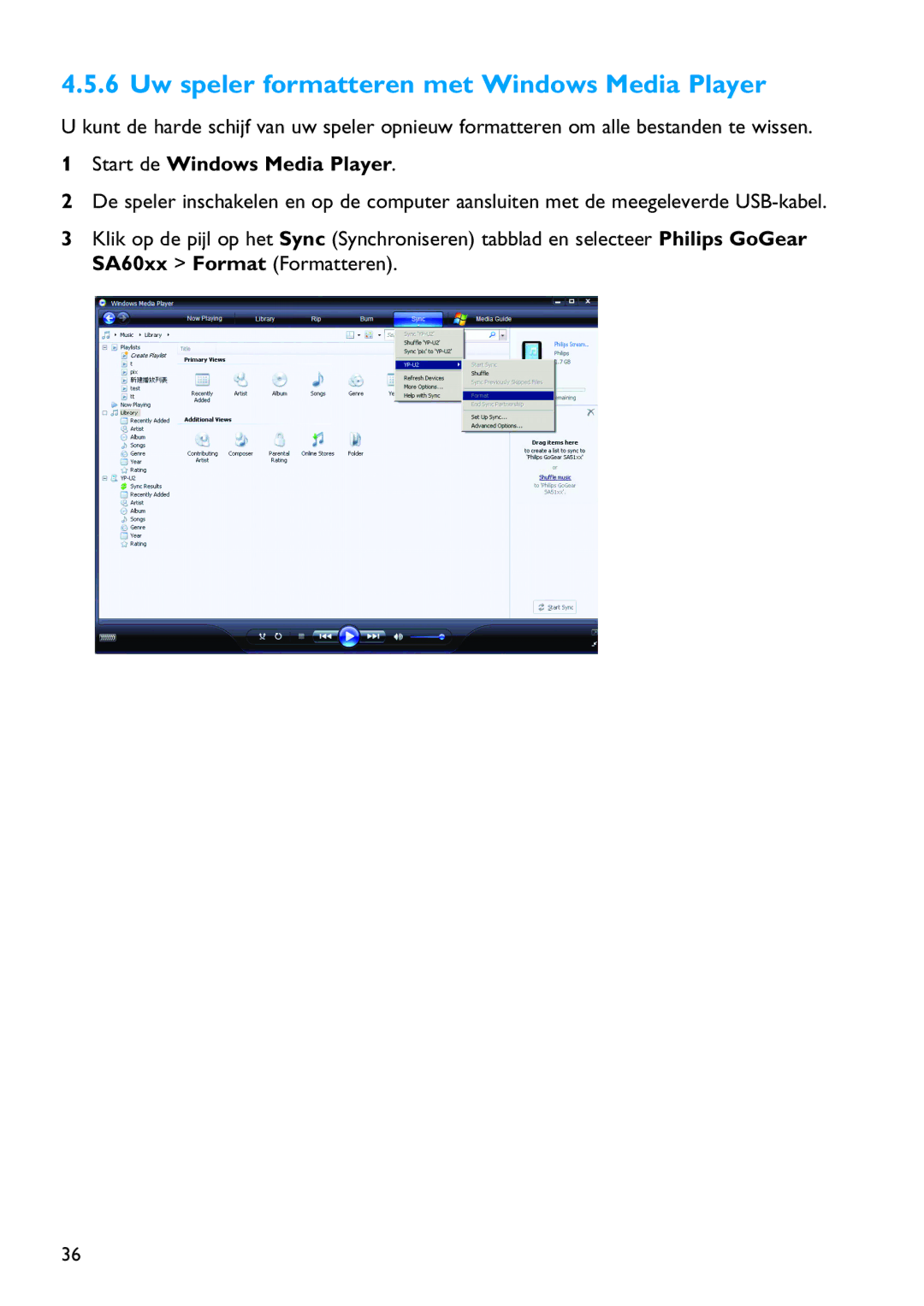 Philips SA4126, SA4146, SA4127, SA4147 manual Uw speler formatteren met Windows Media Player 