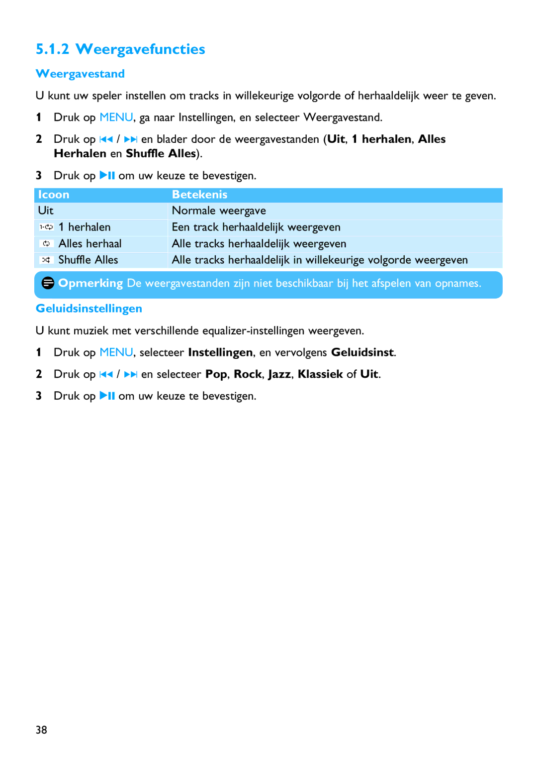 Philips SA4127, SA4126, SA4146, SA4147 manual Weergavefuncties, Weergavestand 