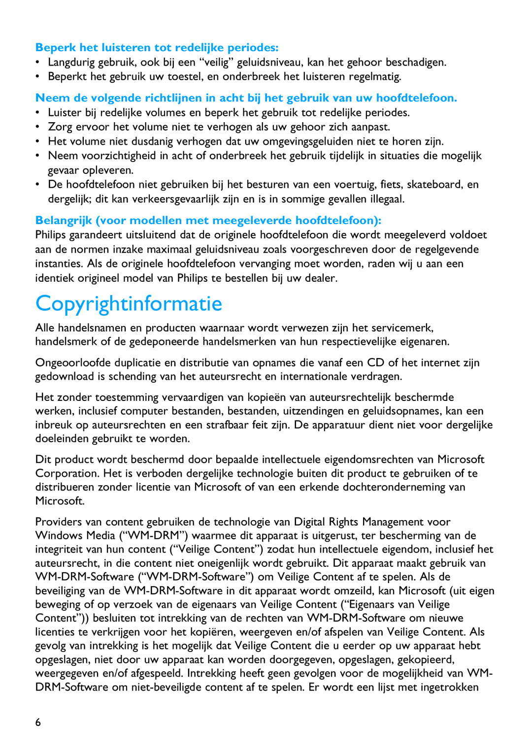 Philips SA4127, SA4126, SA4146, SA4147 manual Copyrightinformatie, Beperk het luisteren tot redelijke periodes 