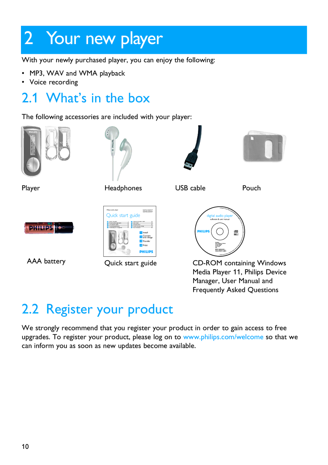 Philips SA4127, SA4126, SA4146, SA4147 manual Your new player, What’s in the box, Register your product 