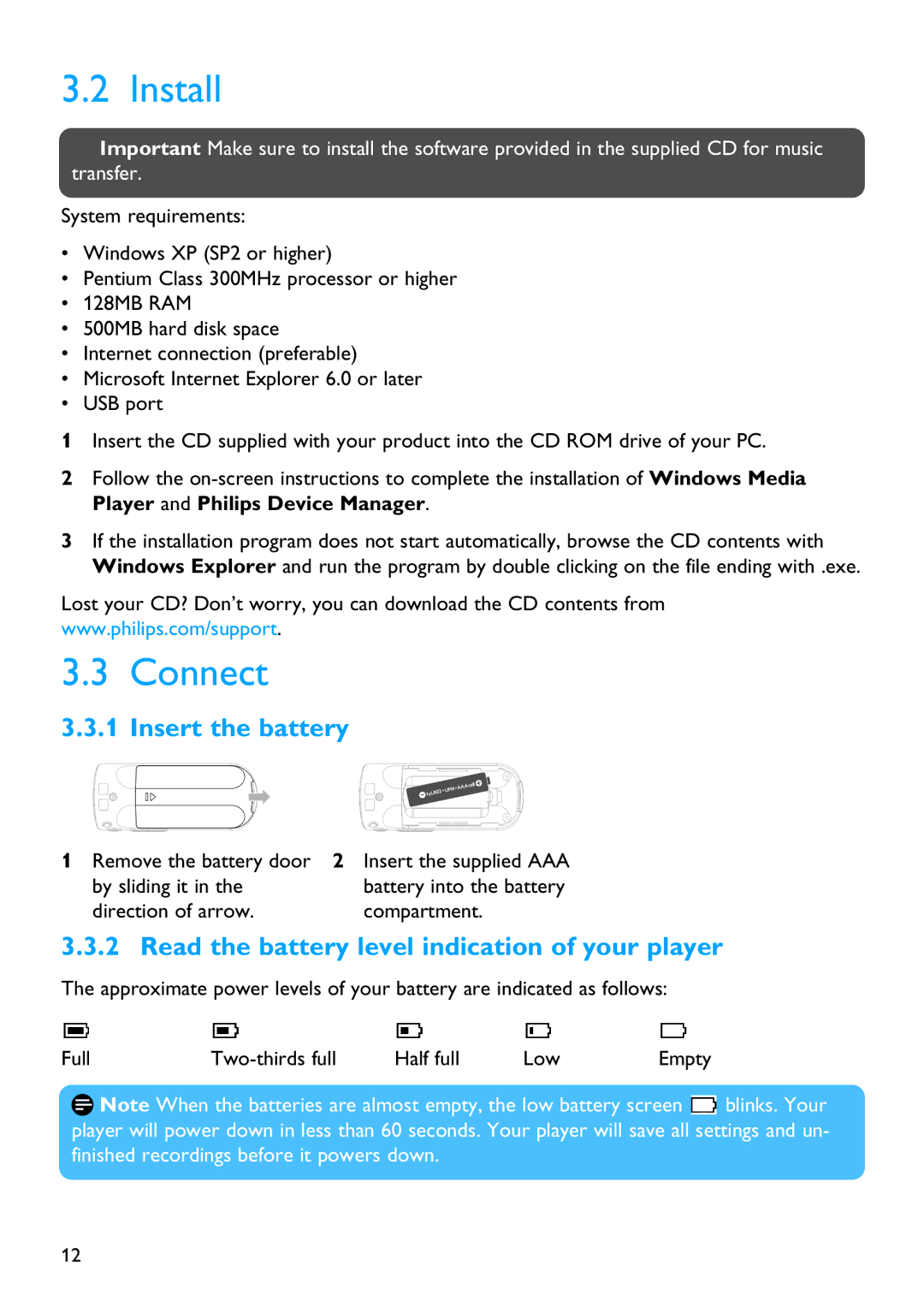 Philips SA4126, SA4146, SA4127 manual Install, Connect, Insert the battery, Read the battery level indication of your player 