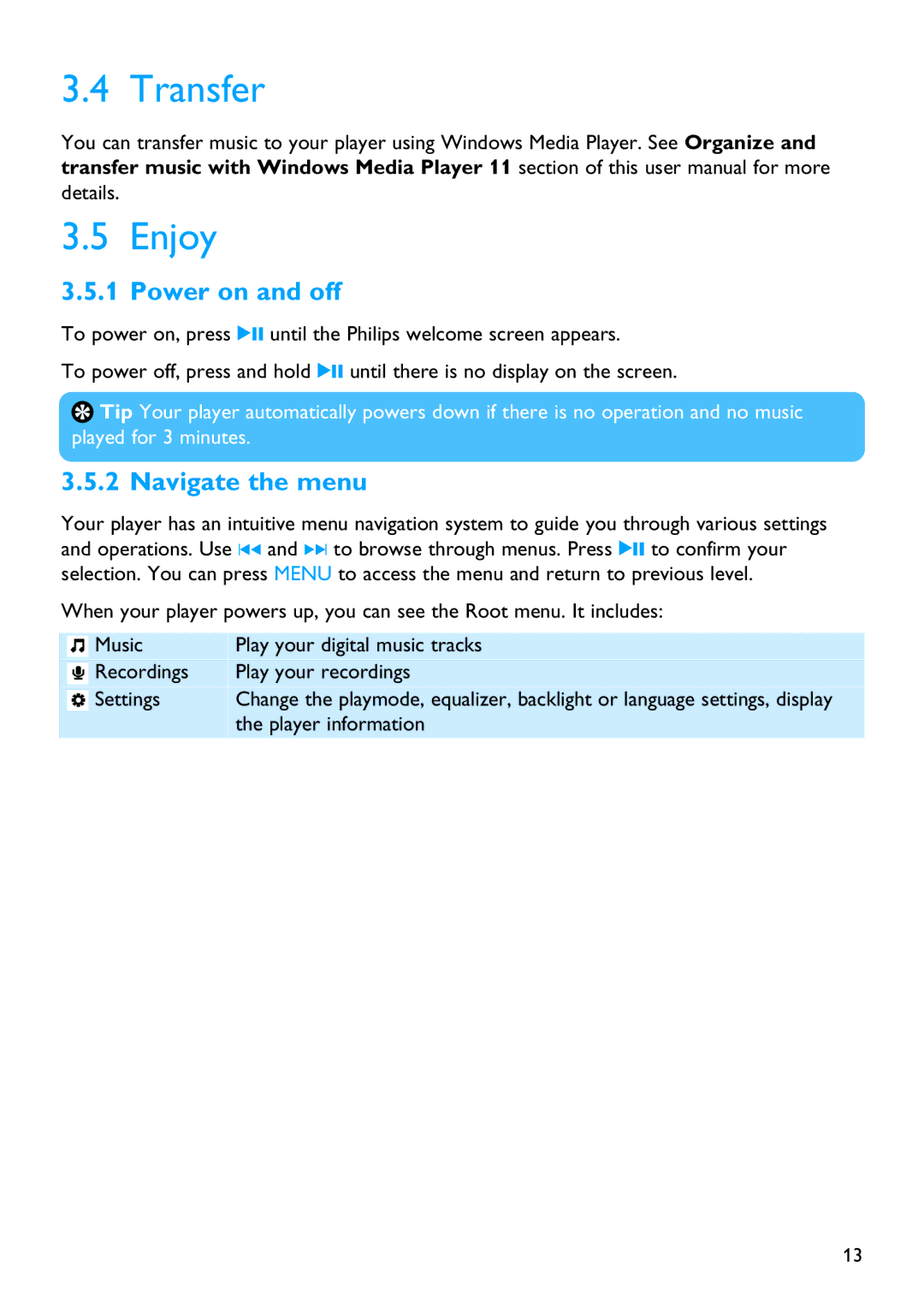 Philips SA4146, SA4126, SA4127, SA4147 manual Transfer Enjoy, Power on and off, Navigate the menu 