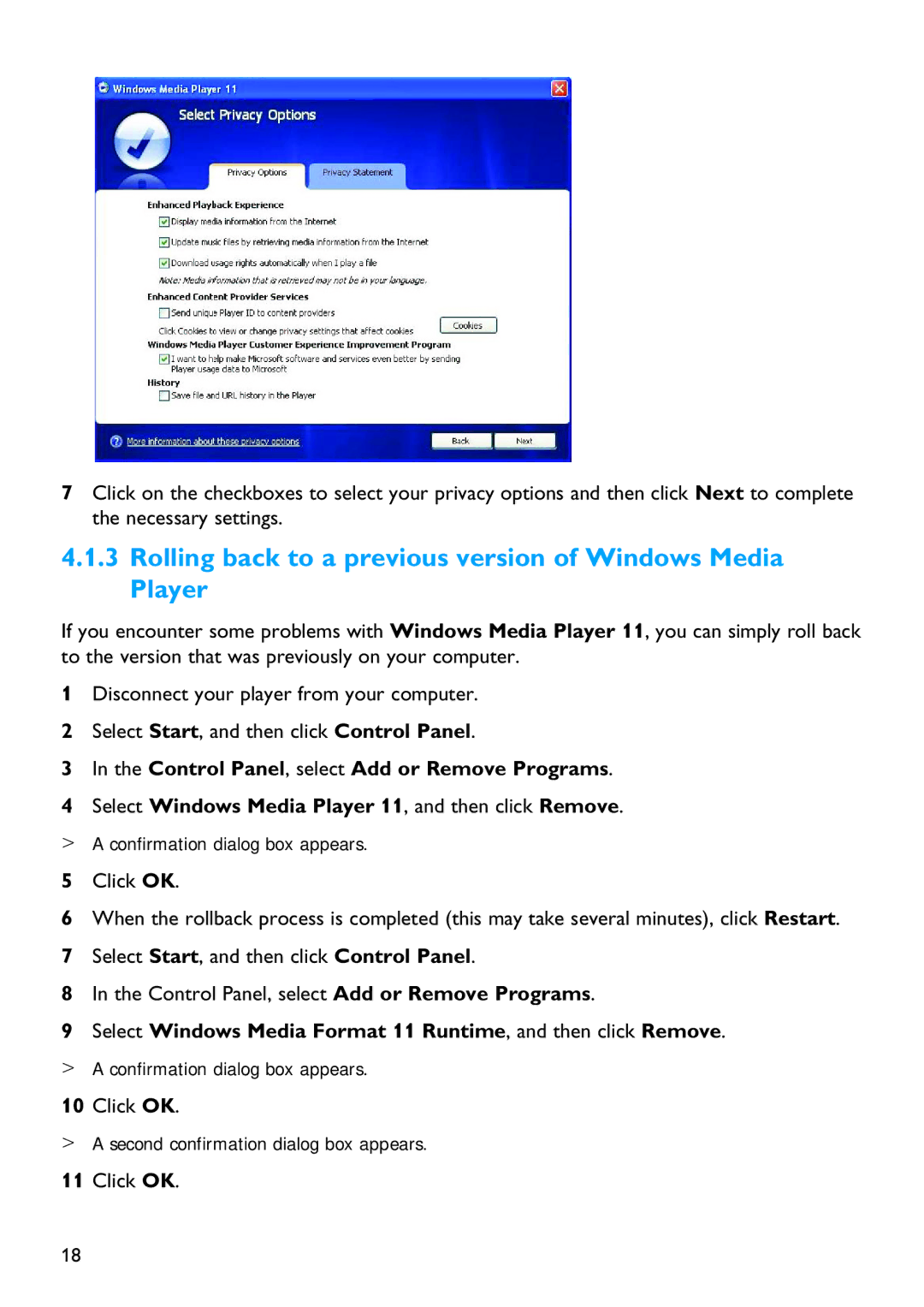 Philips SA4127, SA4126, SA4146 Rolling back to a previous version of Windows Media Player, Confirmation dialog box appears 