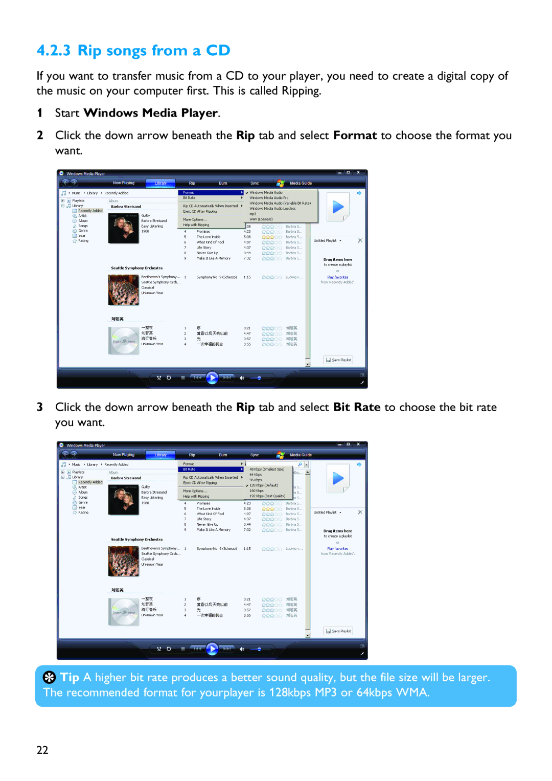 Philips SA4127, SA4126, SA4146, SA4147 manual Rip songs from a CD, Start Windows Media Player 