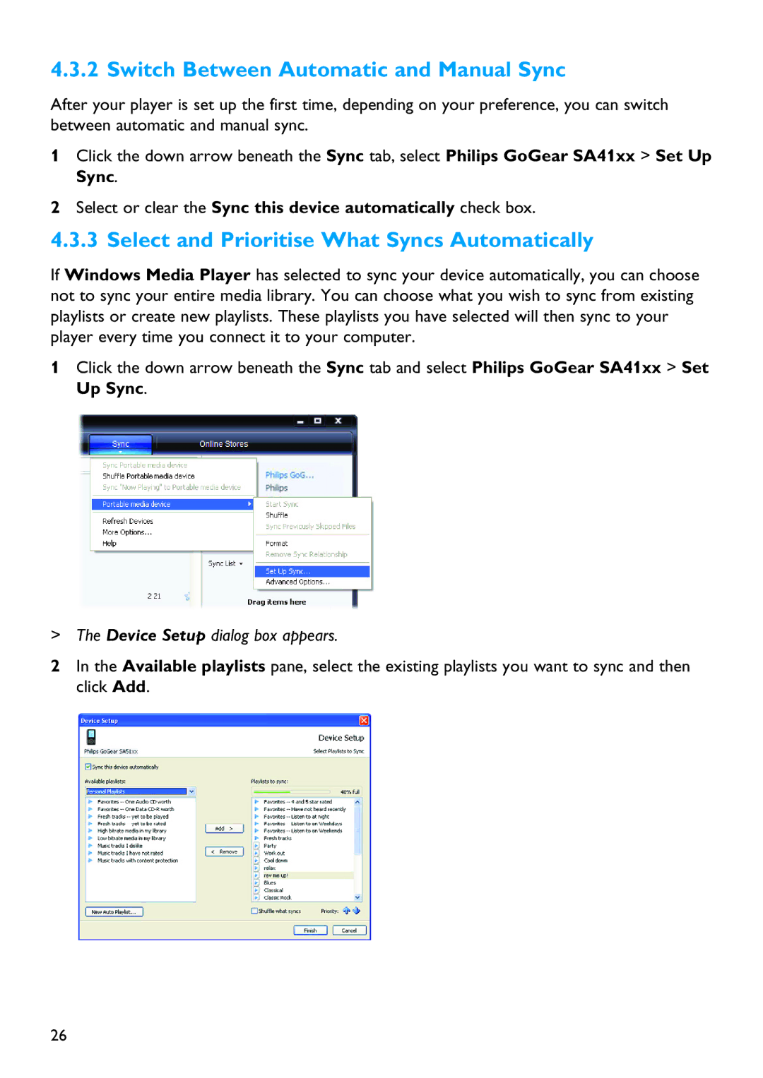 Philips SA4127, SA4126, SA4146 Switch Between Automatic and Manual Sync, Select and Prioritise What Syncs Automatically 
