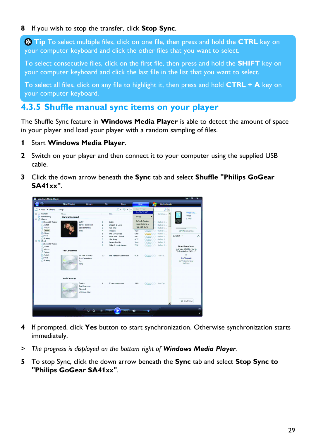 Philips SA4146, SA4126, SA4127 Shuffle manual sync items on your player, If you wish to stop the transfer, click Stop Sync 