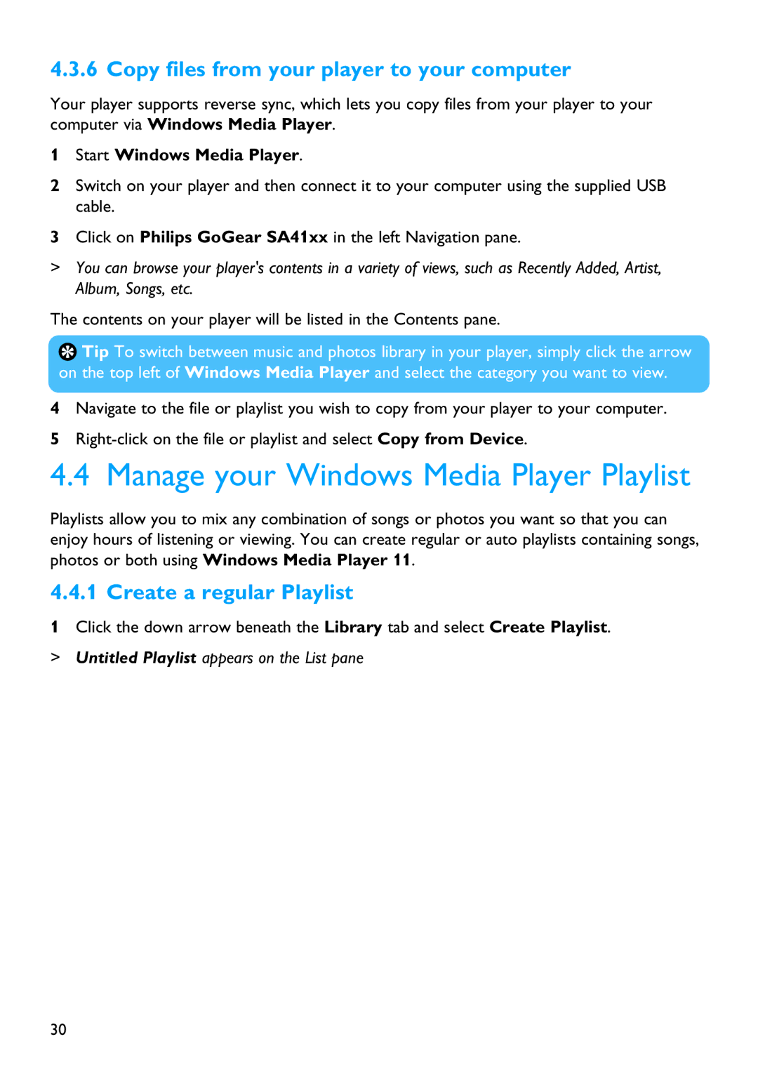 Philips SA4127, SA4126, SA4146 manual Manage your Windows Media Player Playlist, Copy files from your player to your computer 