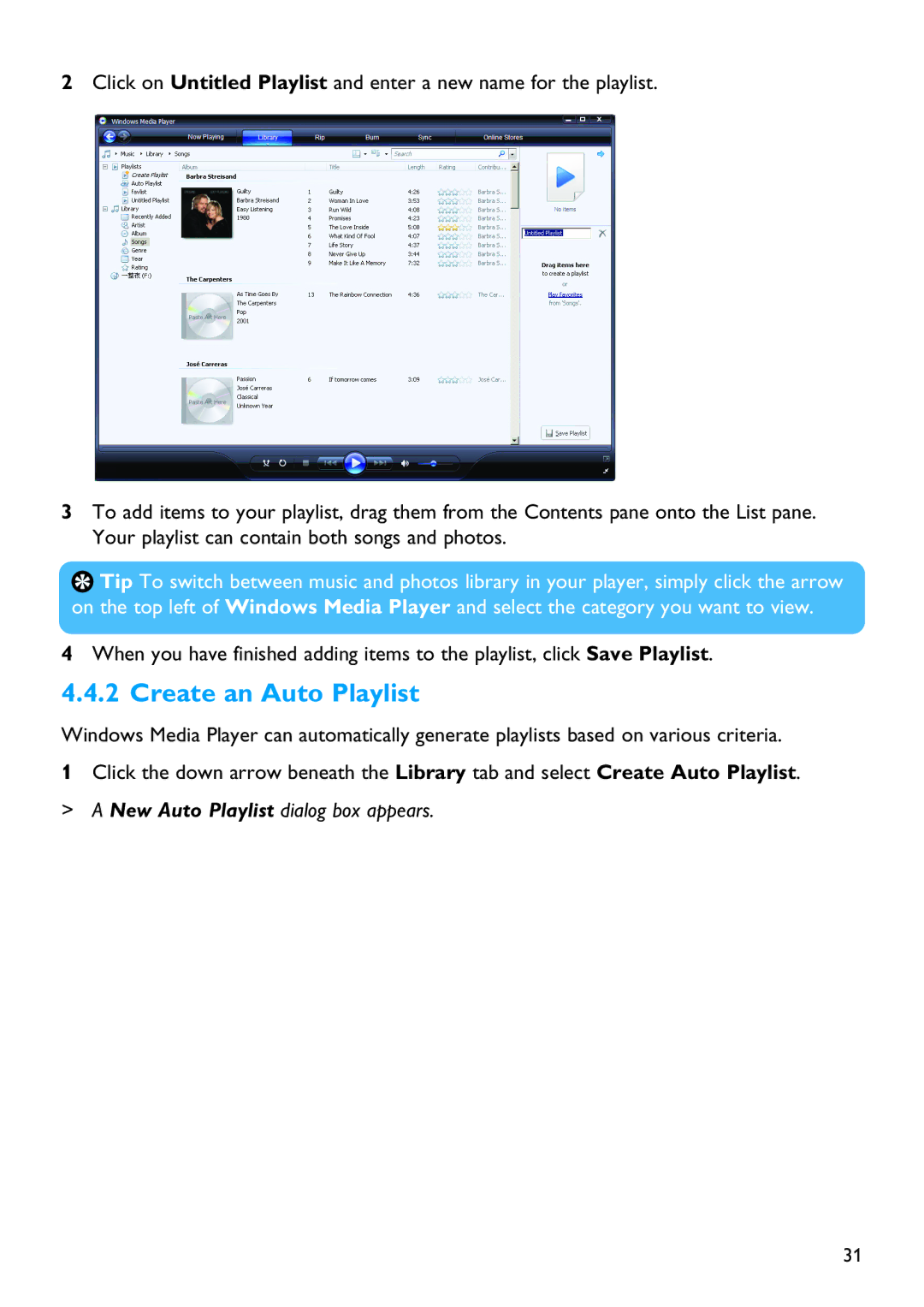 Philips SA4147, SA4126, SA4146, SA4127 manual Create an Auto Playlist, New Auto Playlist dialog box appears 