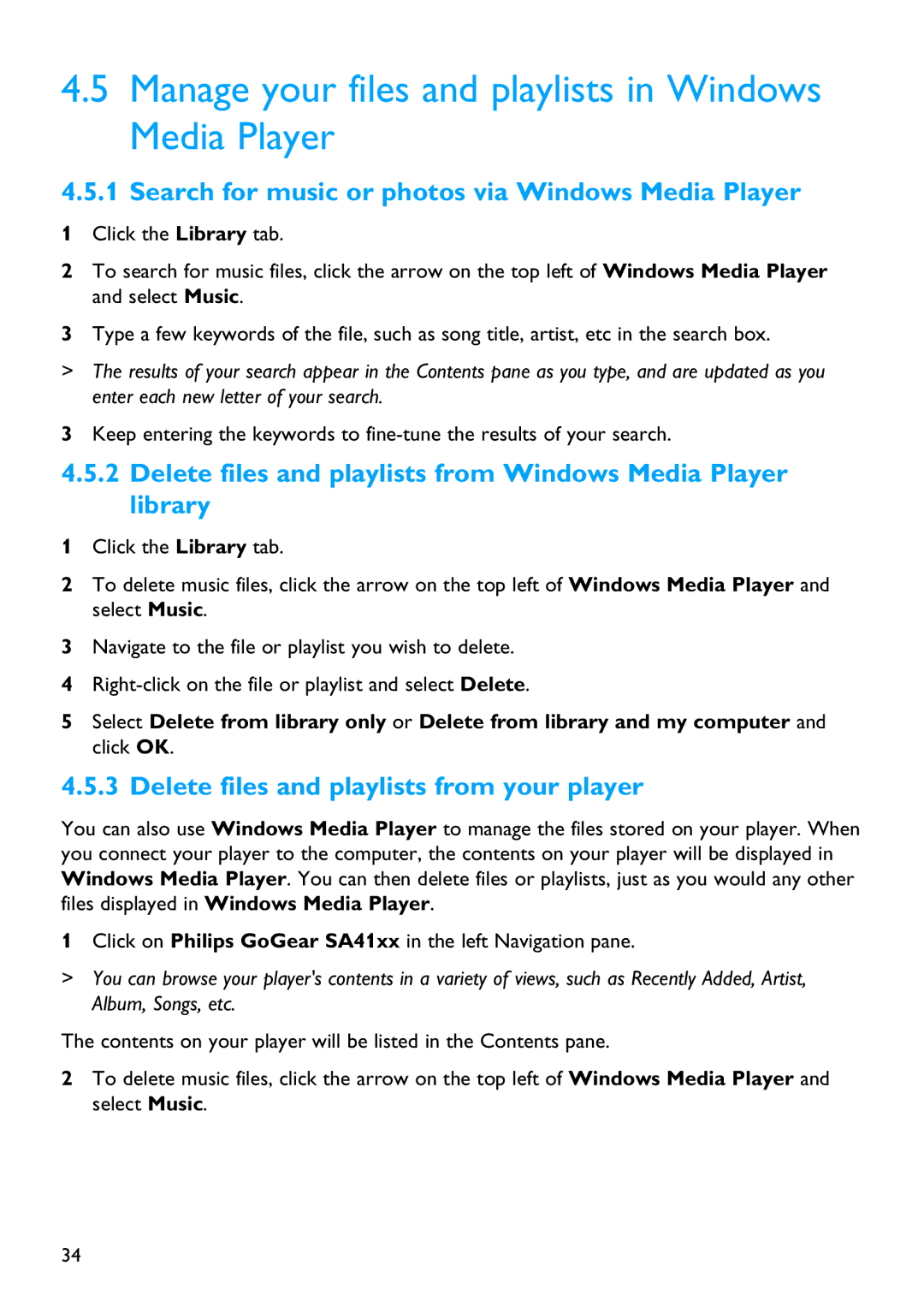 Philips SA4127 manual Manage your files and playlists in Windows Media Player, Delete files and playlists from your player 