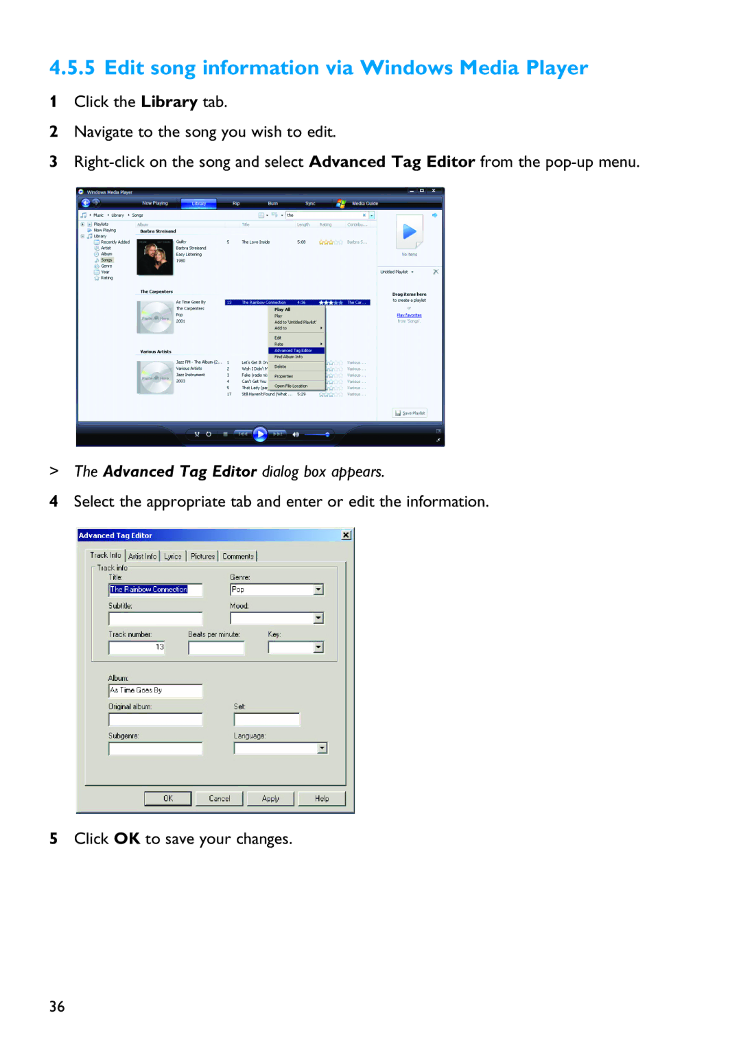 Philips SA4126, SA4146, SA4127 manual Edit song information via Windows Media Player, Advanced Tag Editor dialog box appears 