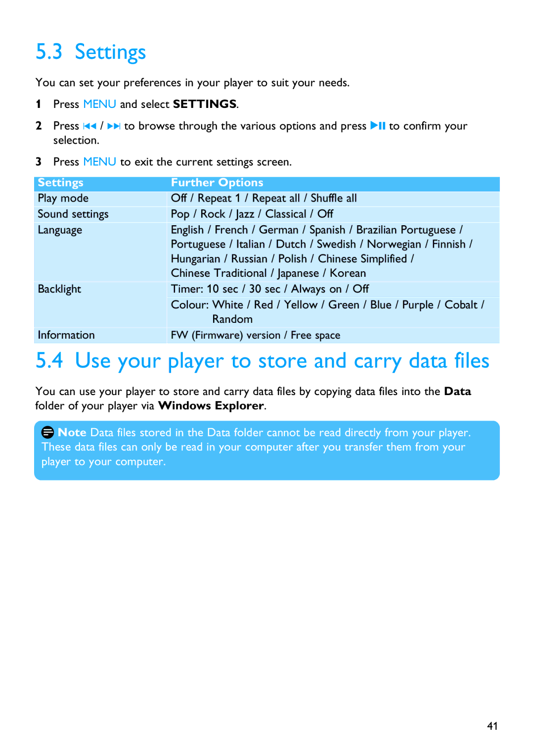 Philips SA4146, SA4126, SA4127, SA4147 manual Settings, Use your player to store and carry data files 