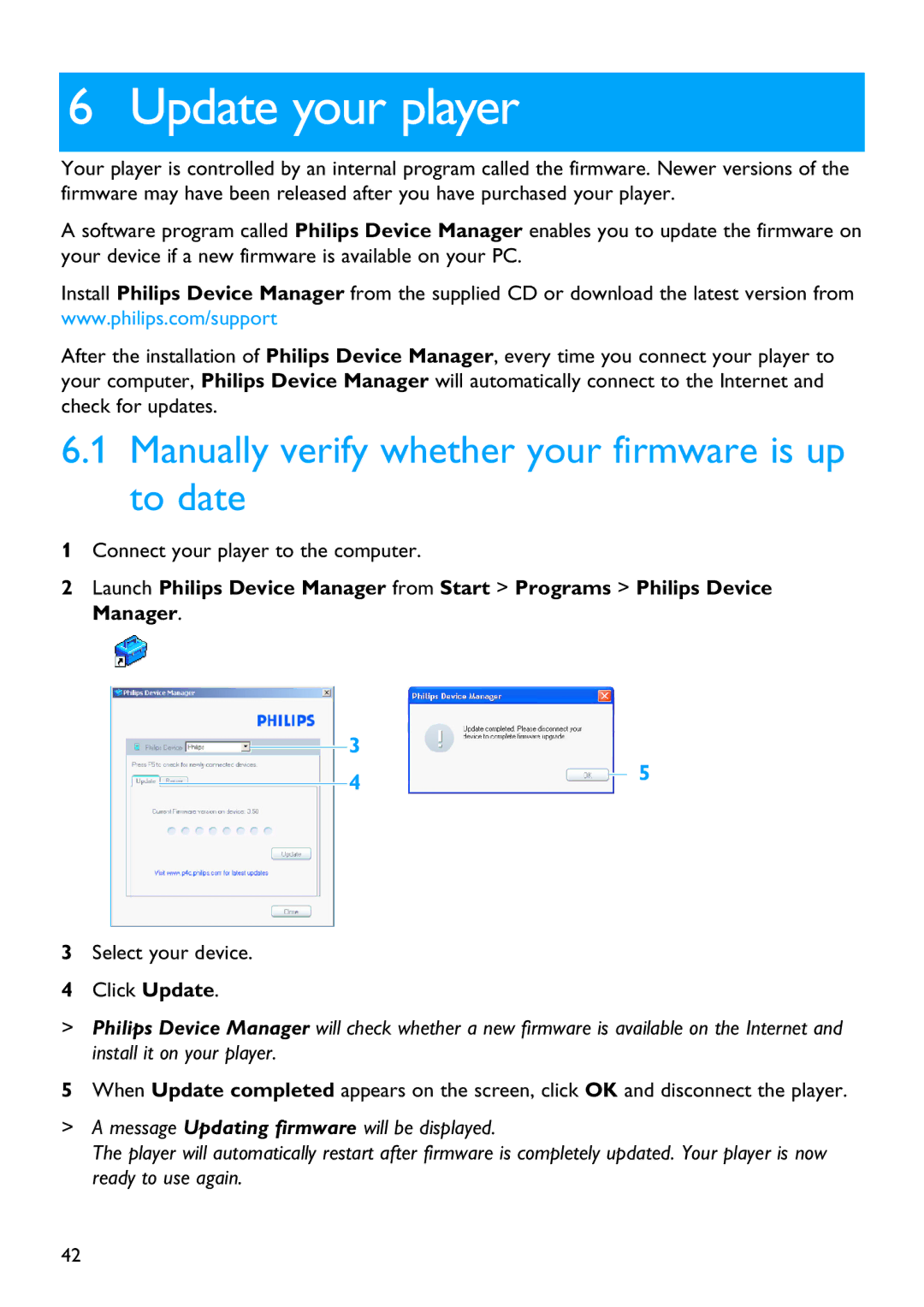 Philips SA4127, SA4126, SA4146, SA4147 manual Update your player, Manually verify whether your firmware is up to date 