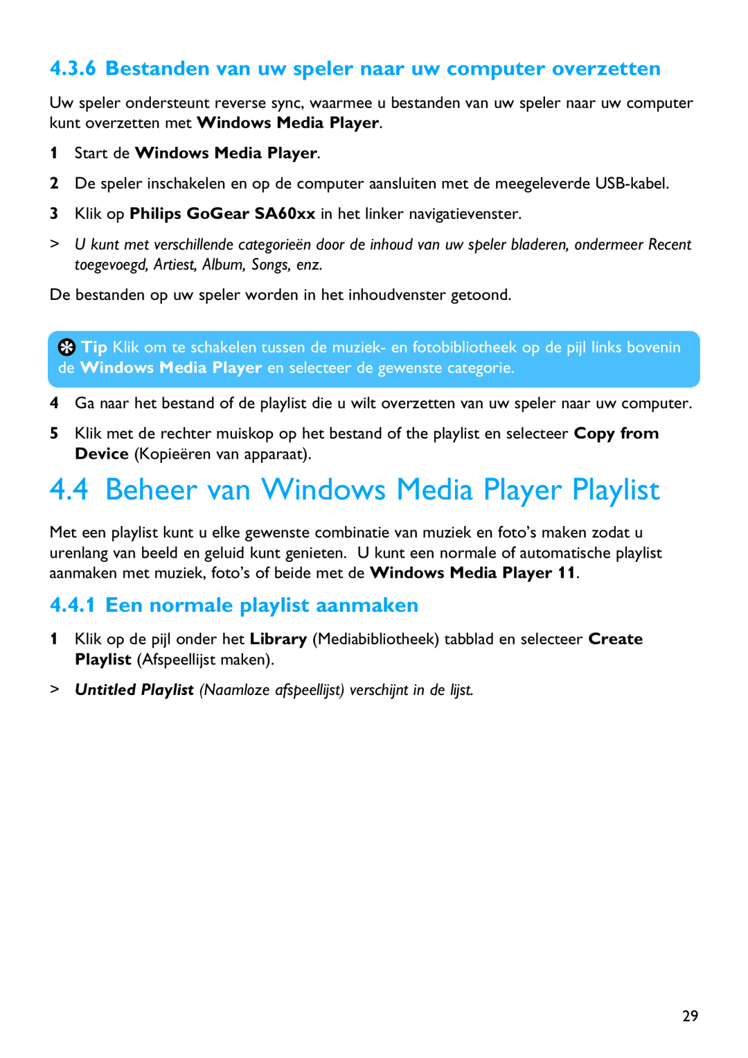 Philips SA4146, SA4126, SA4127, SA4147 manual Beheer van Windows Media Player Playlist, Een normale playlist aanmaken 