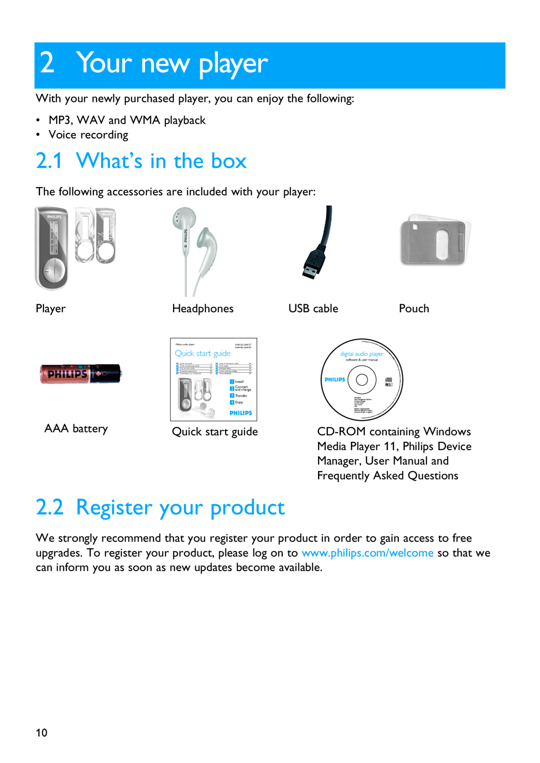 Philips SA4127 Your new player, What’s in the box, Register your product, Frequently Asked Questions, Quick start guide 